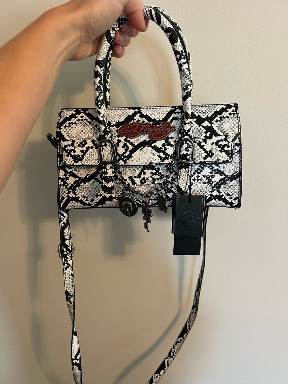 Ed Hardy Black & White Snake Print Satchel with Logo Charm